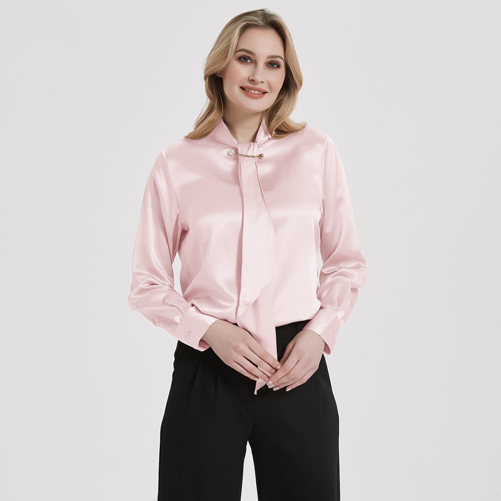 Tie Neck Silk Blouse Long Sleeve Silk Shirt Womens Silk Blouse Rosy Pink XS