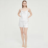Womens Silk Pyjamas Shorts Set Cowl Neck Silk Camisole Silk Pajama Shorts White XS