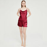 Womens Silk Pyjamas Shorts Set Cowl Neck Silk Camisole Silk Pajama Shorts Claret XS