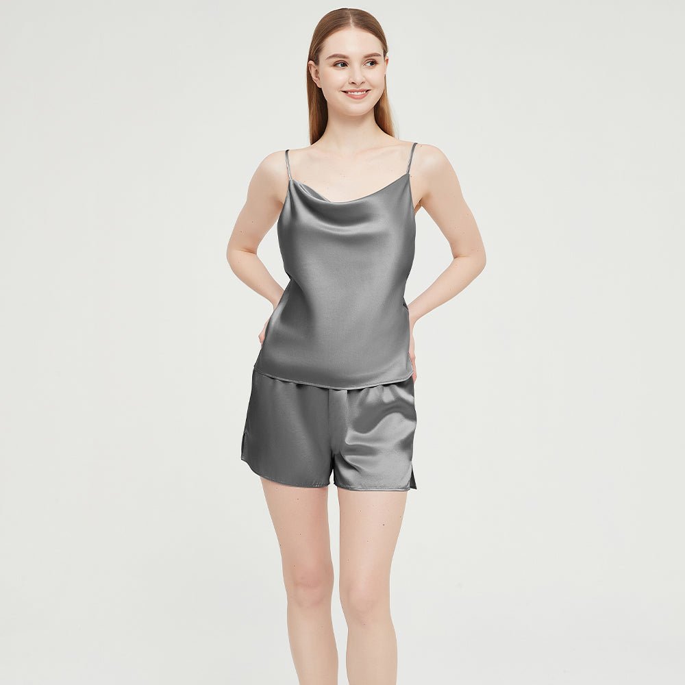 Womens Silk Pyjamas Shorts Set Cowl Neck Silk Camisole Silk Pajama Shorts Dark Gray XS