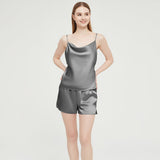 Womens Silk Pyjamas Shorts Set Cowl Neck Silk Camisole Silk Pajama Shorts Dark Gray XS