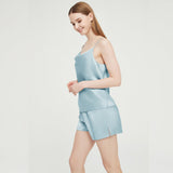 Womens Silk Pyjamas Shorts Set Cowl Neck Silk Camisole Silk Pajama Shorts Haze Blue XS