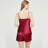 Womens Silk Pyjamas Shorts Set Cowl Neck Silk Camisole Silk Pajama Shorts Claret XS