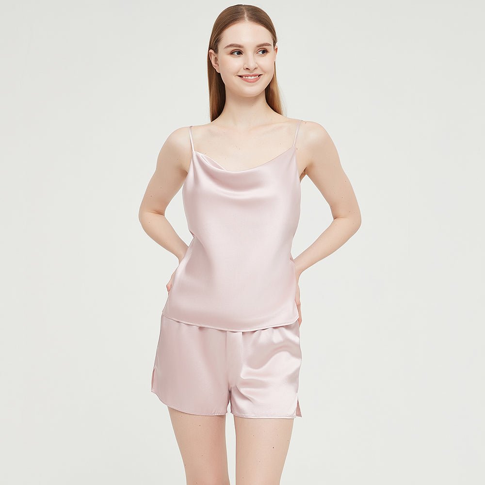 Womens Silk Pyjamas Shorts Set Cowl Neck Silk Camisole Silk Pajama Shorts Pink XS