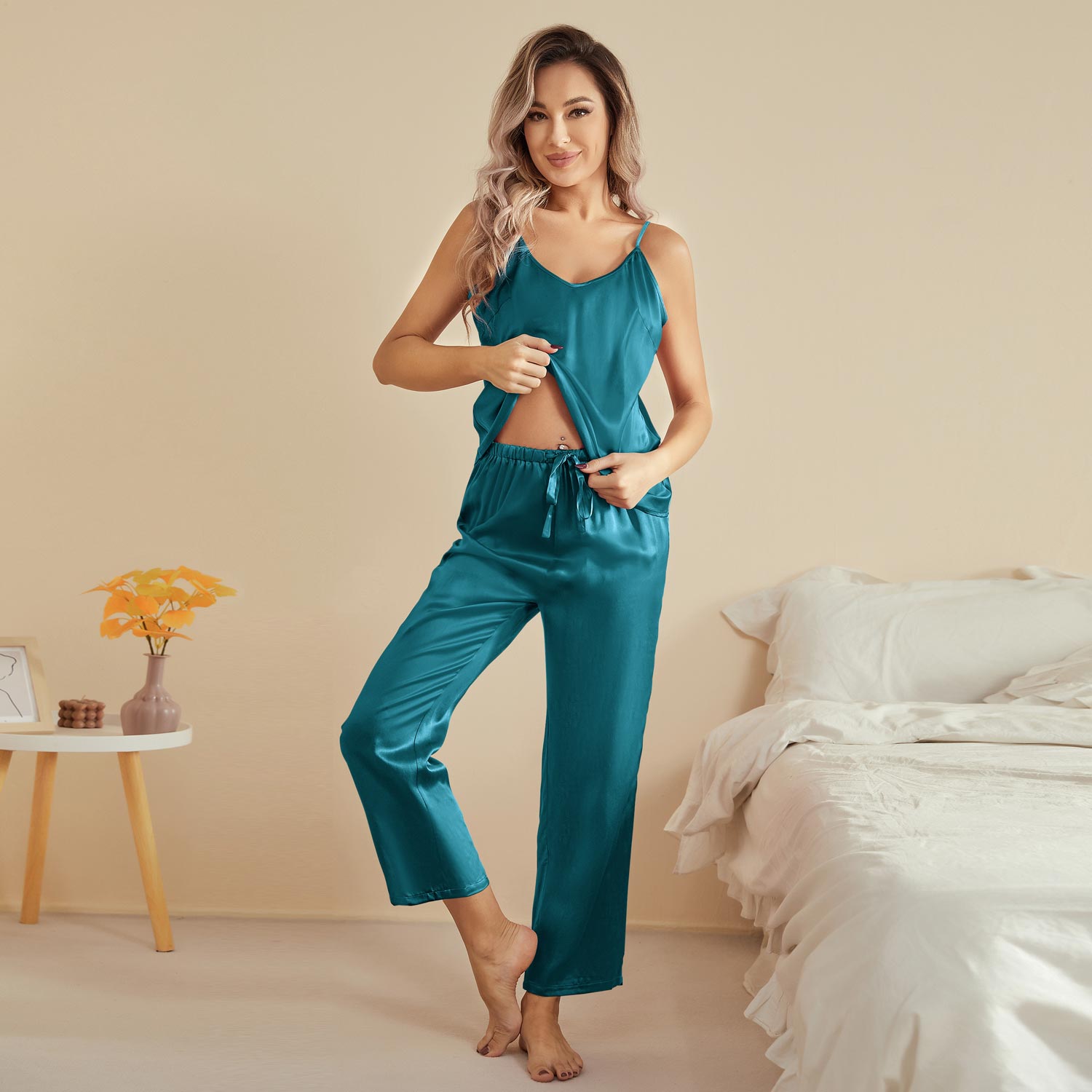 Women Silk Camisole Set 100% Mulberry Summer Silk Cami Dark Teal XS