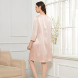 Womens Bow Tie Neck Silk Nightgown 3/4 Sleeves Silk Nighties Rosy Pink XS