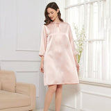 Womens Bow Tie Neck Silk Nightgown 3/4 Sleeves Silk Nighties Rosy Pink XS
