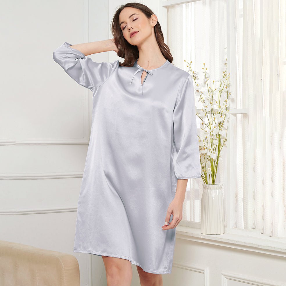 Womens Bow Tie Neck Silk Nightgown 3/4 Sleeves Silk Nighties Light Blue XS