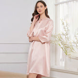 Womens Bow Tie Neck Silk Nightgown 3/4 Sleeves Silk Nighties Rosy Pink XS