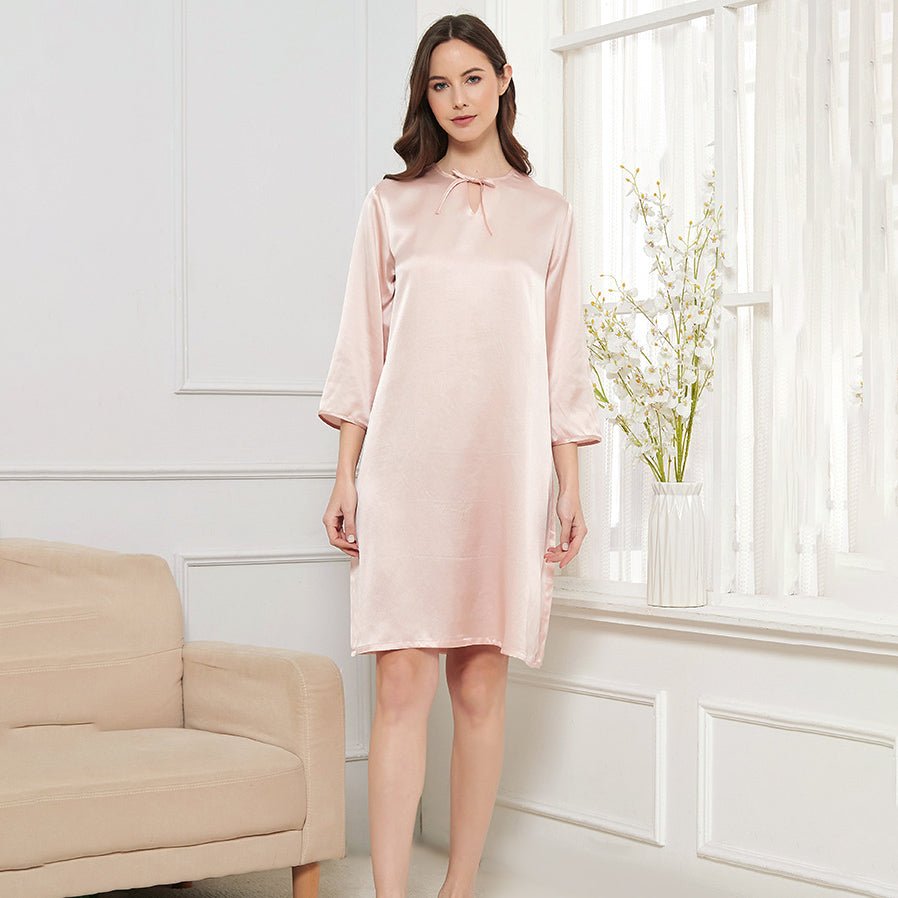 Womens Bow Tie Neck Silk Nightgown 3/4 Sleeves Silk Nighties Rosy Pink XS