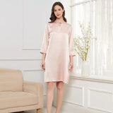 Womens Bow Tie Neck Silk Nightgown 3/4 Sleeves Silk Nighties Rosy Pink XS
