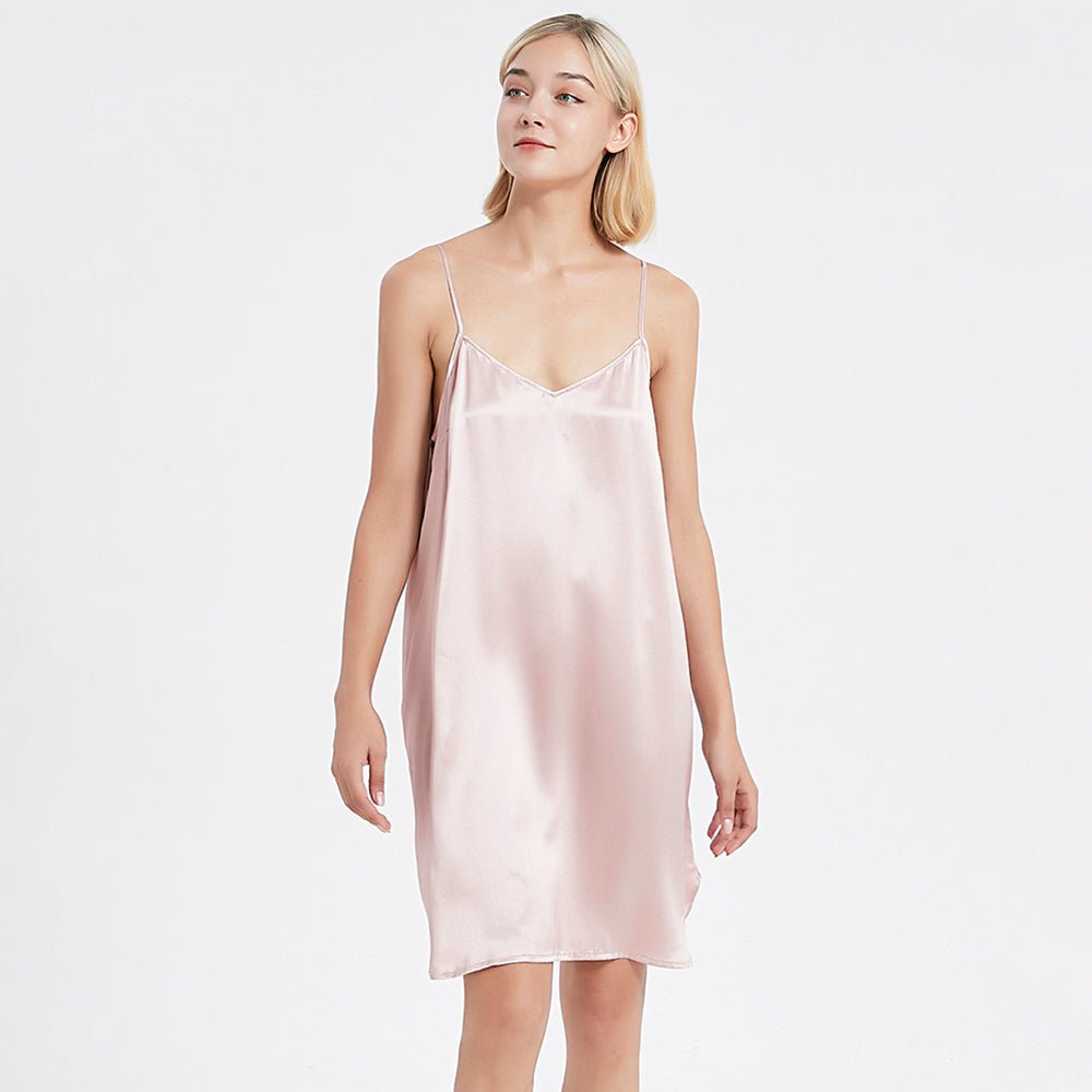 Women Silk Chemise V Neck Silk Nightgown Slip Dress Pink XS