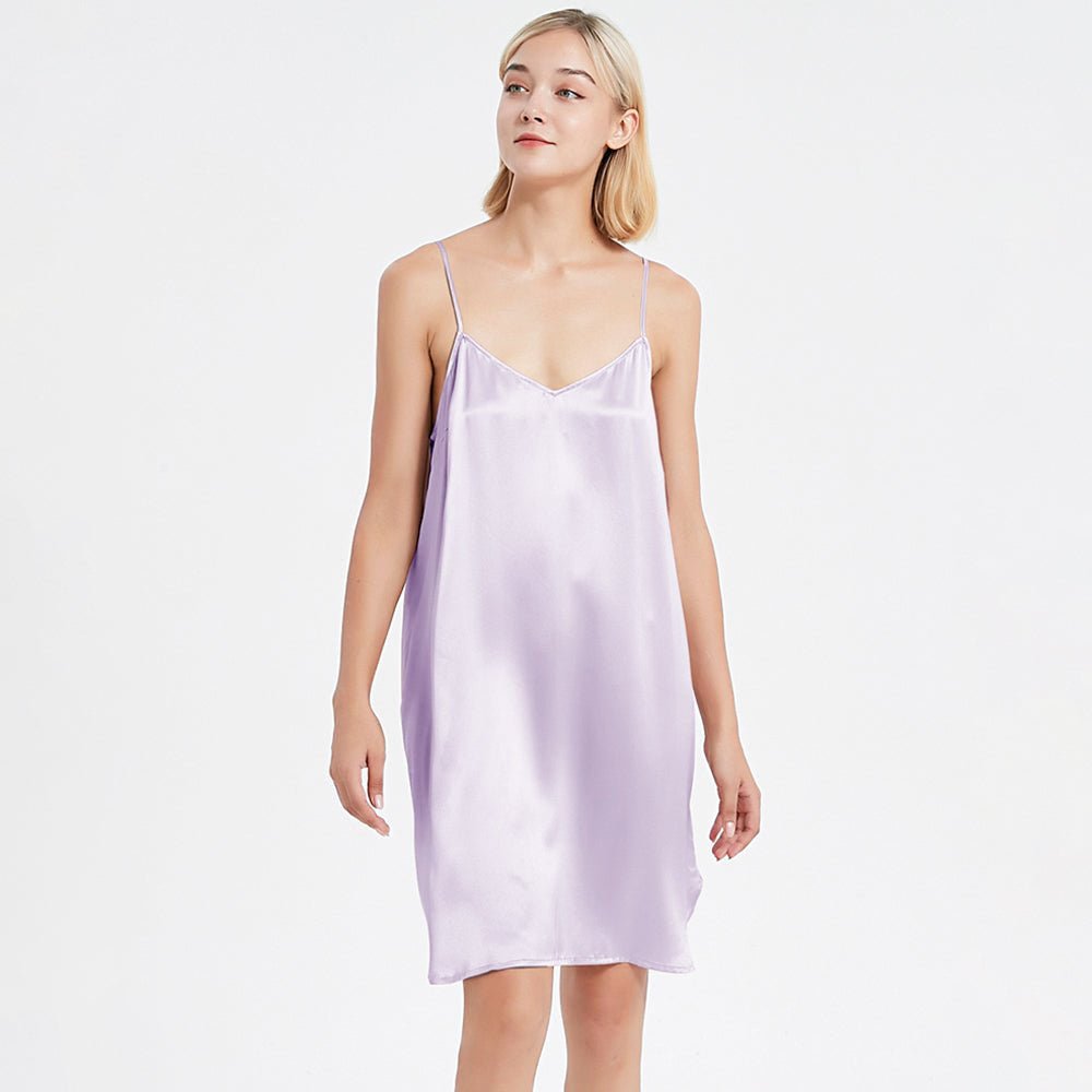 Women Silk Chemise V Neck Silk Nightgown Slip Dress Lavender XS