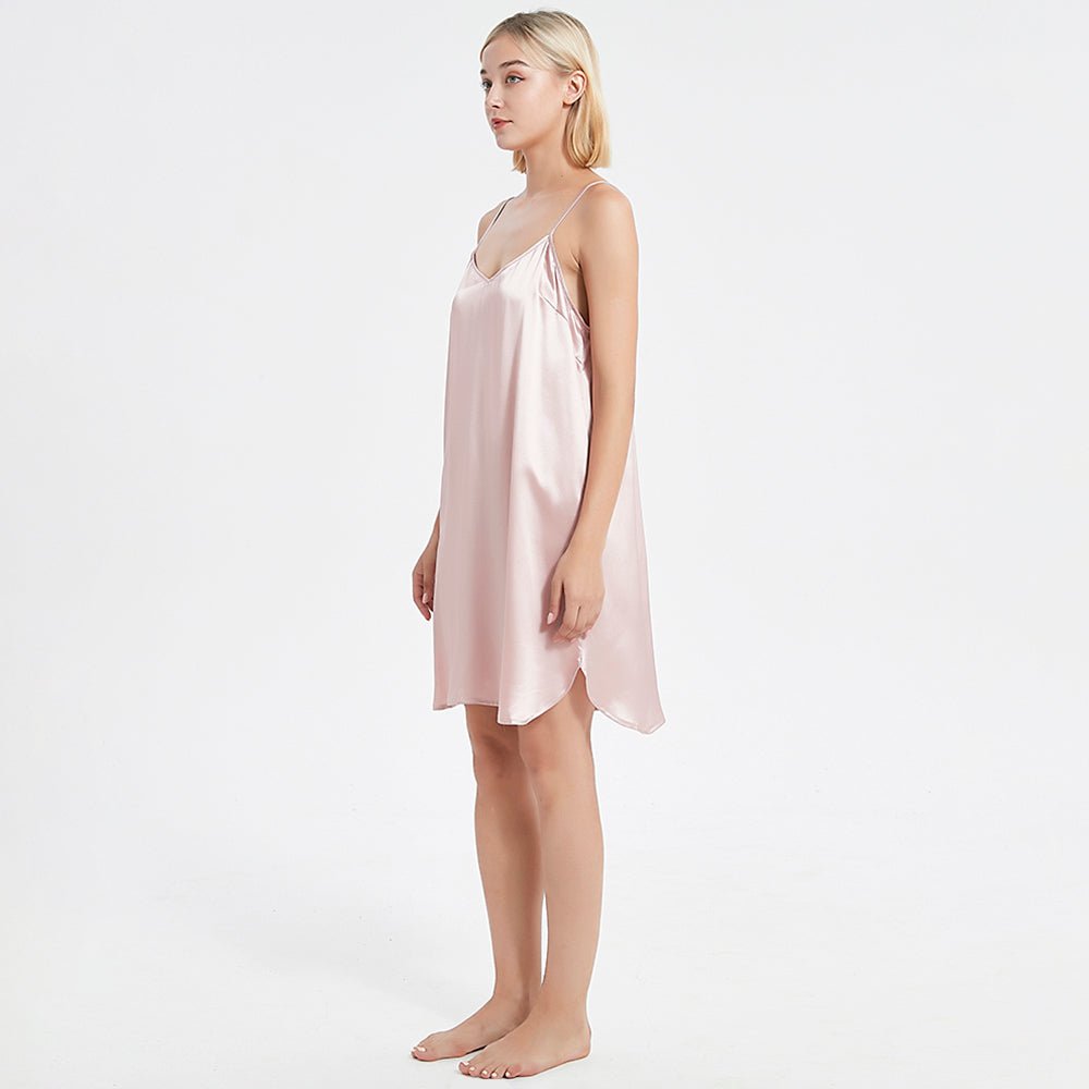 Women Silk Chemise V Neck Silk Nightgown Slip Dress Pink XS