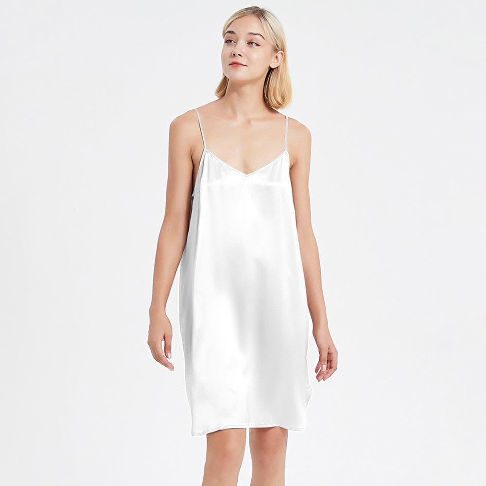 Women Silk Chemise V Neck Silk Nightgown Slip Dress White XS