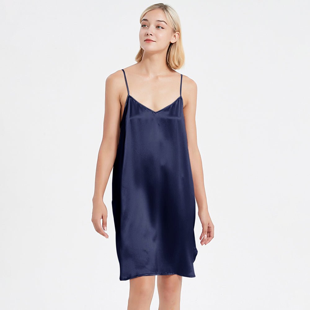 Women Silk Chemise V Neck Silk Nightgown Slip Dress Navy Blue XS