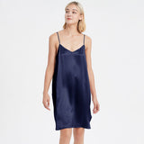 Women Silk Chemise V Neck Silk Nightgown Slip Dress Navy Blue XS