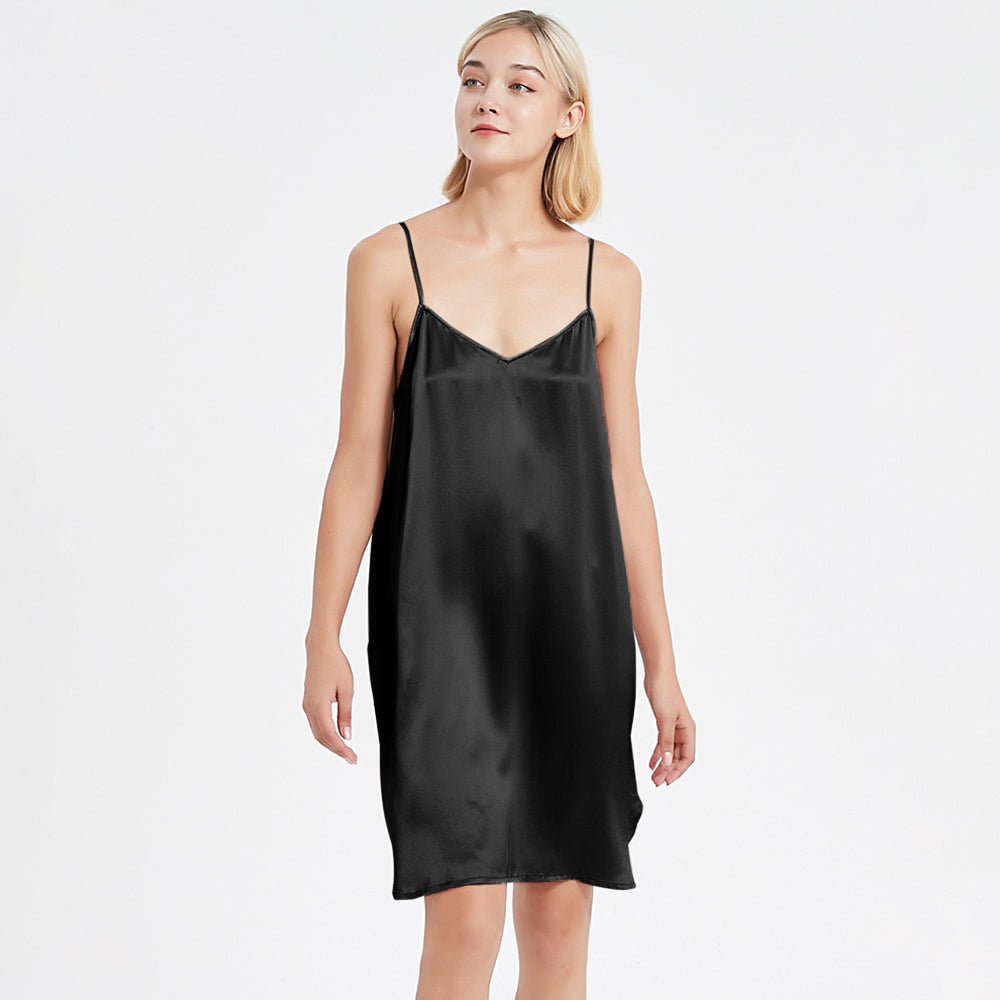 Women Silk Chemise V Neck Silk Nightgown Slip Dress Black XS