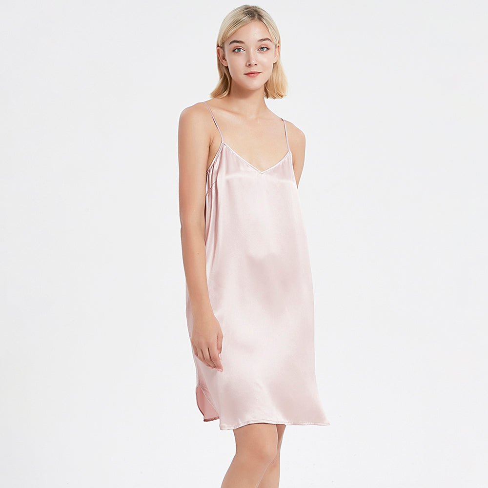 Women Silk Chemise V Neck Silk Nightgown Slip Dress Pink XS