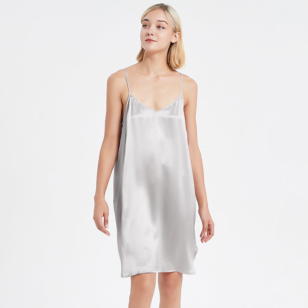 Women Silk Chemise V Neck Silk Nightgown Slip Dress Silver Gray XS