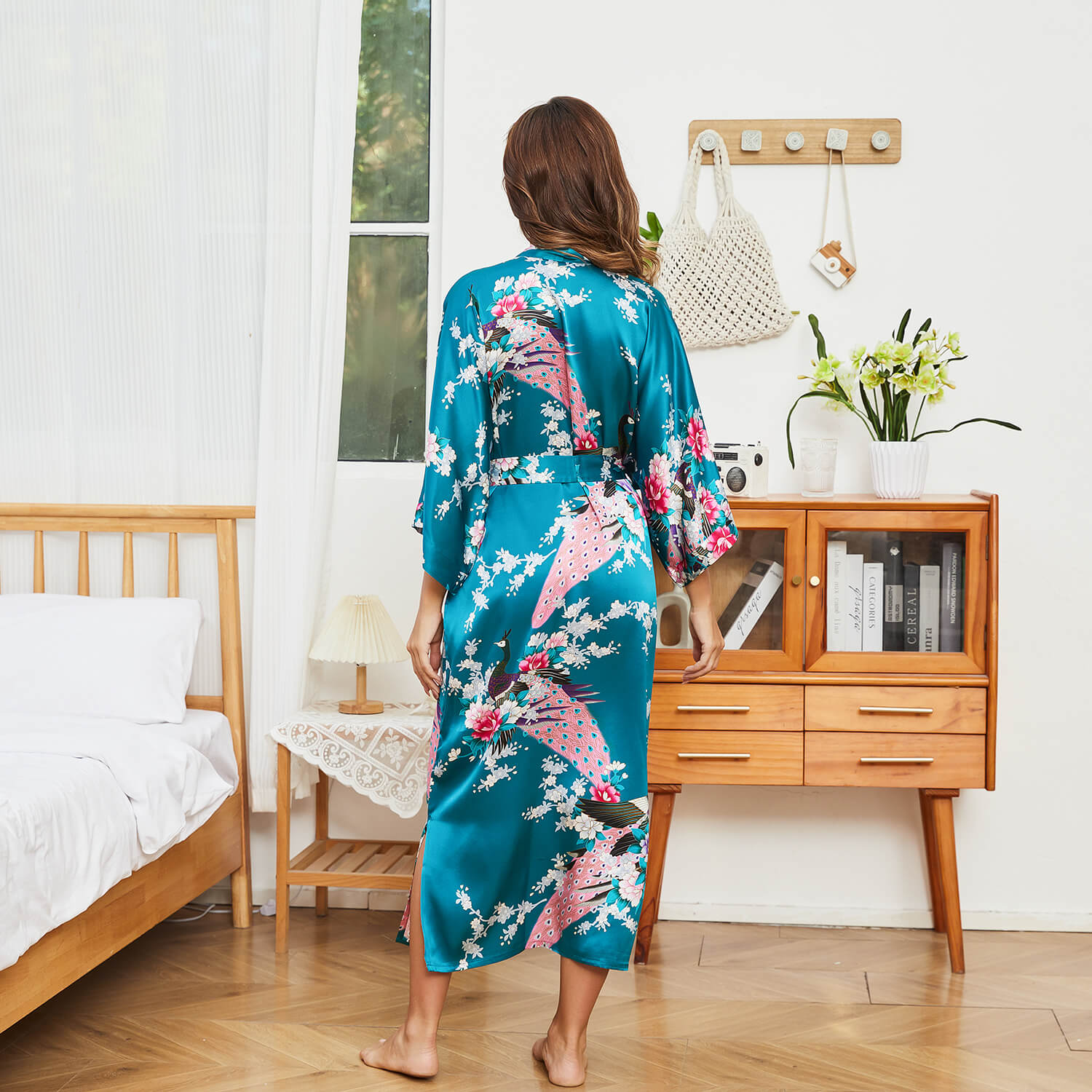 Women Silk Kimono Hand Painted Peacock & Flowers Nightwear Green One size fits most