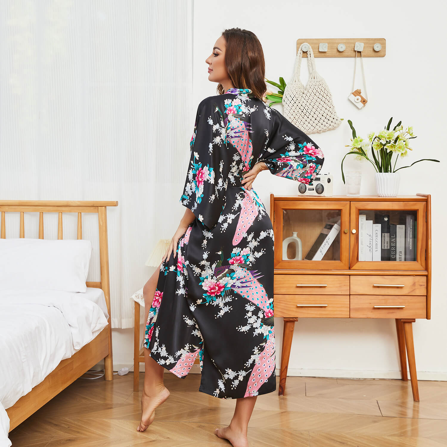 Women Silk Kimono Hand Painted Peacock & Flowers Nightwear Green One size fits most