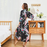 Women Silk Kimono Hand Painted Peacock & Flowers Nightwear Green One size fits most