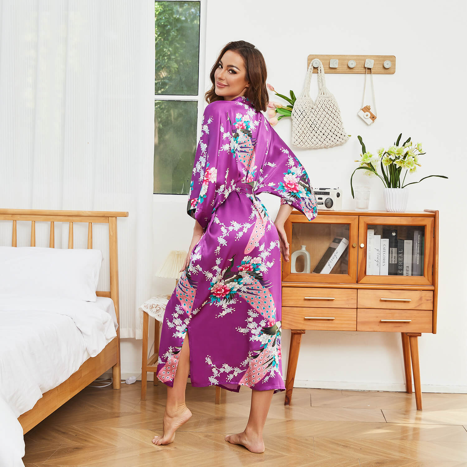 Women Silk Kimono Hand Painted Peacock & Flowers Nightwear Green One size fits most