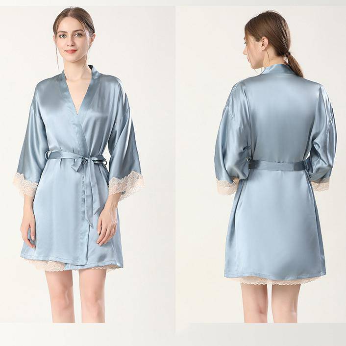 Women Silk Nightgown And Robe Set Short Lace Silk Robe Set Blue XS