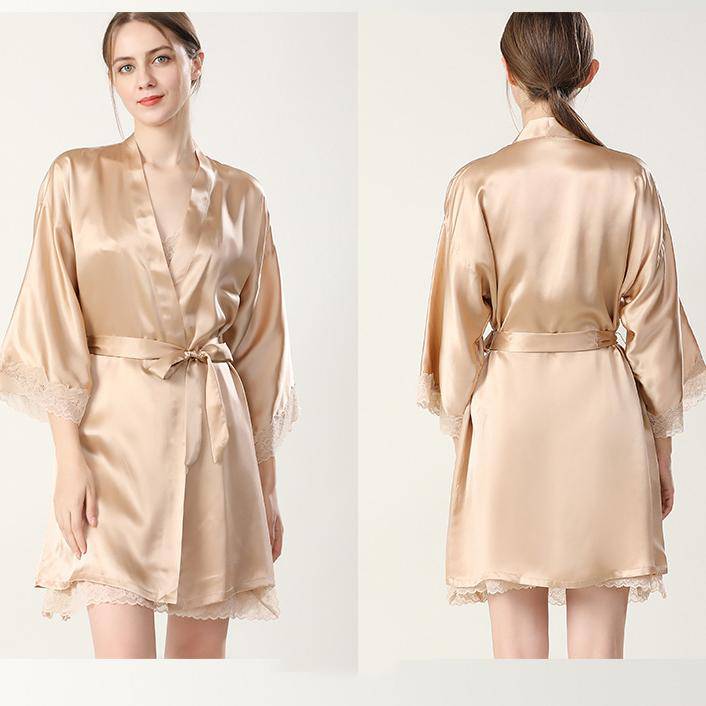 Women Silk Nightgown And Robe Set Short Lace Silk Robe Set Champagne XS