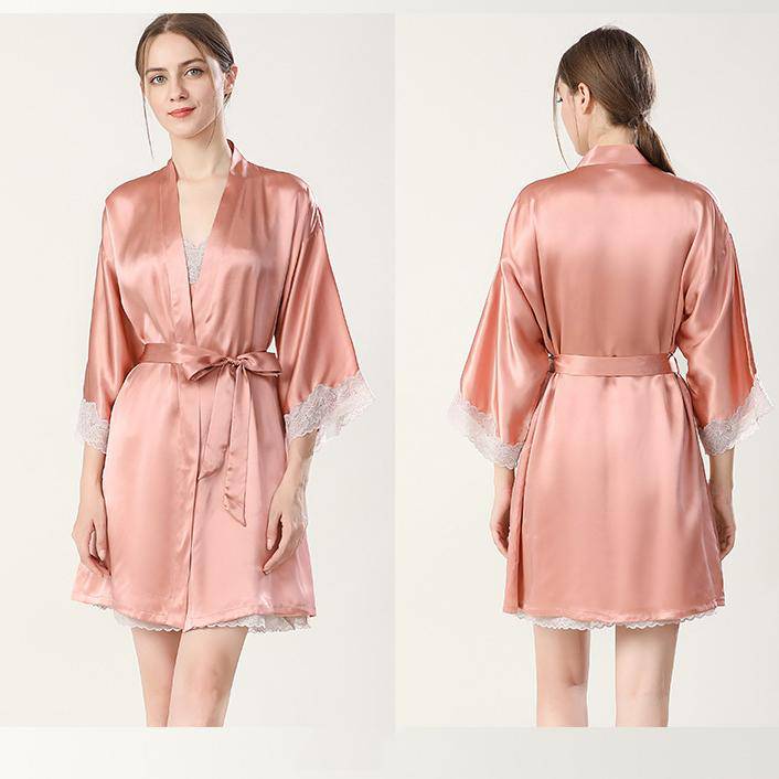 Women Silk Nightgown And Robe Set Short Lace Silk Robe Set Pink XS