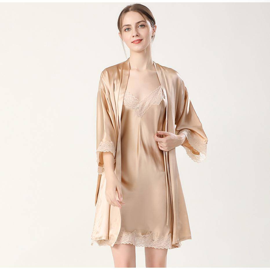 Women Silk Nightgown And Robe Set Short Lace Silk Robe Set Champagne XS