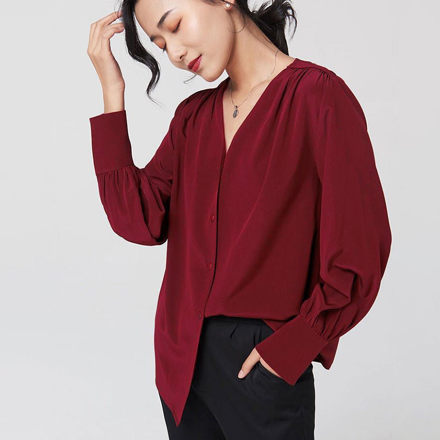 Women Silk Shirt 100% Mulberry Long Sleeves V Neck Work Silk Blouse