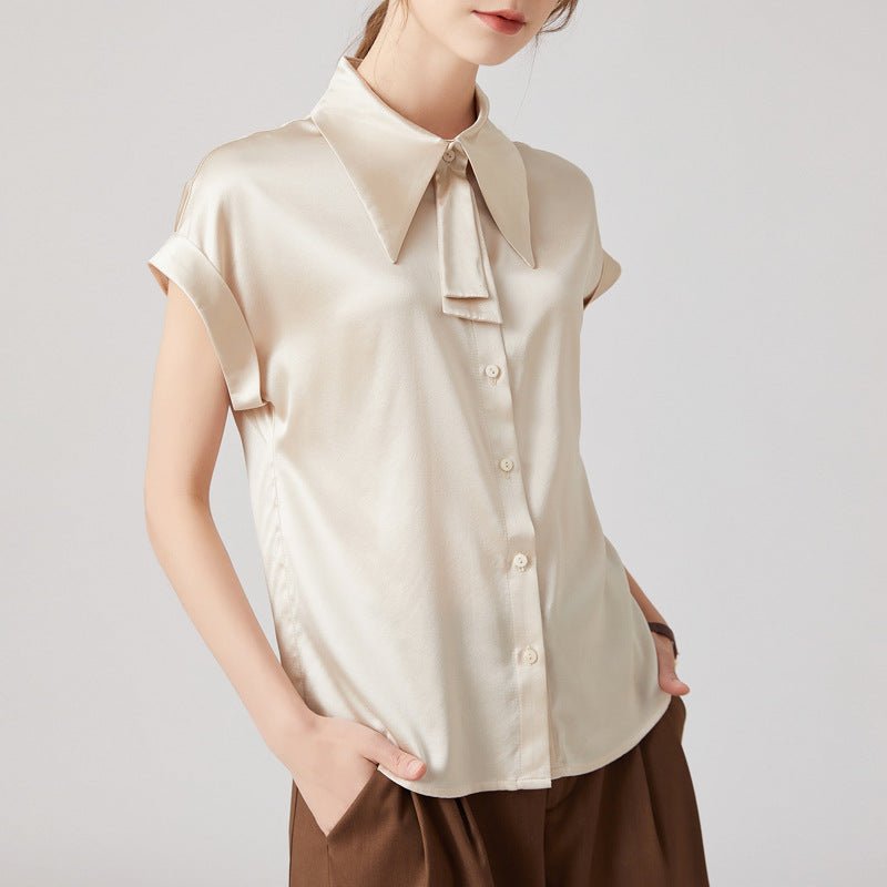 Women Silk Shirts Short Sleeve Work Pure Silk Tops Champagne XS