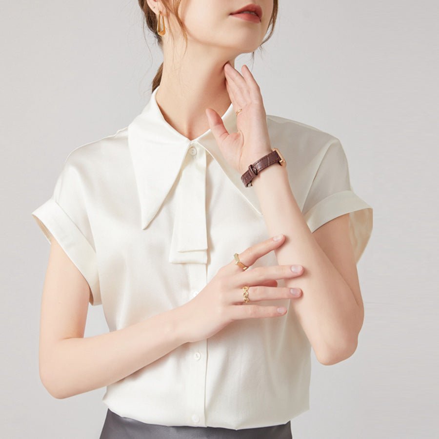 Women Silk Shirts Short Sleeve Work Pure Silk Tops White XS
