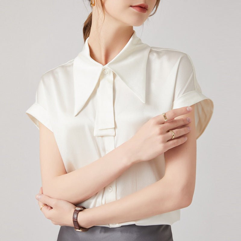 Women Silk Shirts Short Sleeve Work Pure Silk Tops White XS