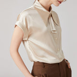Women Silk Shirts Short Sleeve Work Pure Silk Tops Champagne XS