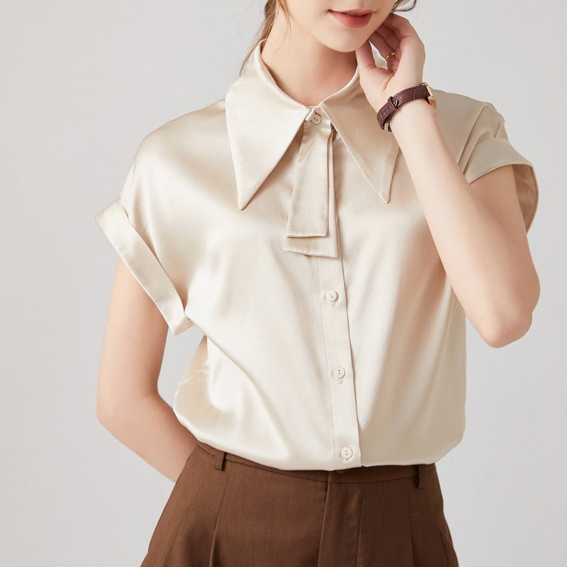 Women Silk Shirts Short Sleeve Work Pure Silk Tops Champagne XS