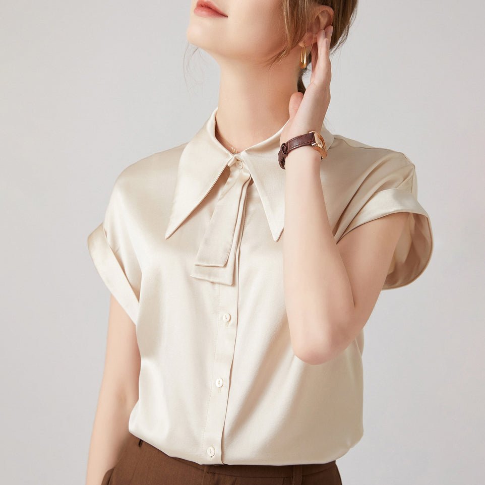 Women Silk Shirts Short Sleeve Work Pure Silk Tops Champagne XS