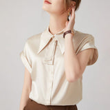 Women Silk Shirts Short Sleeve Work Pure Silk Tops Champagne XS