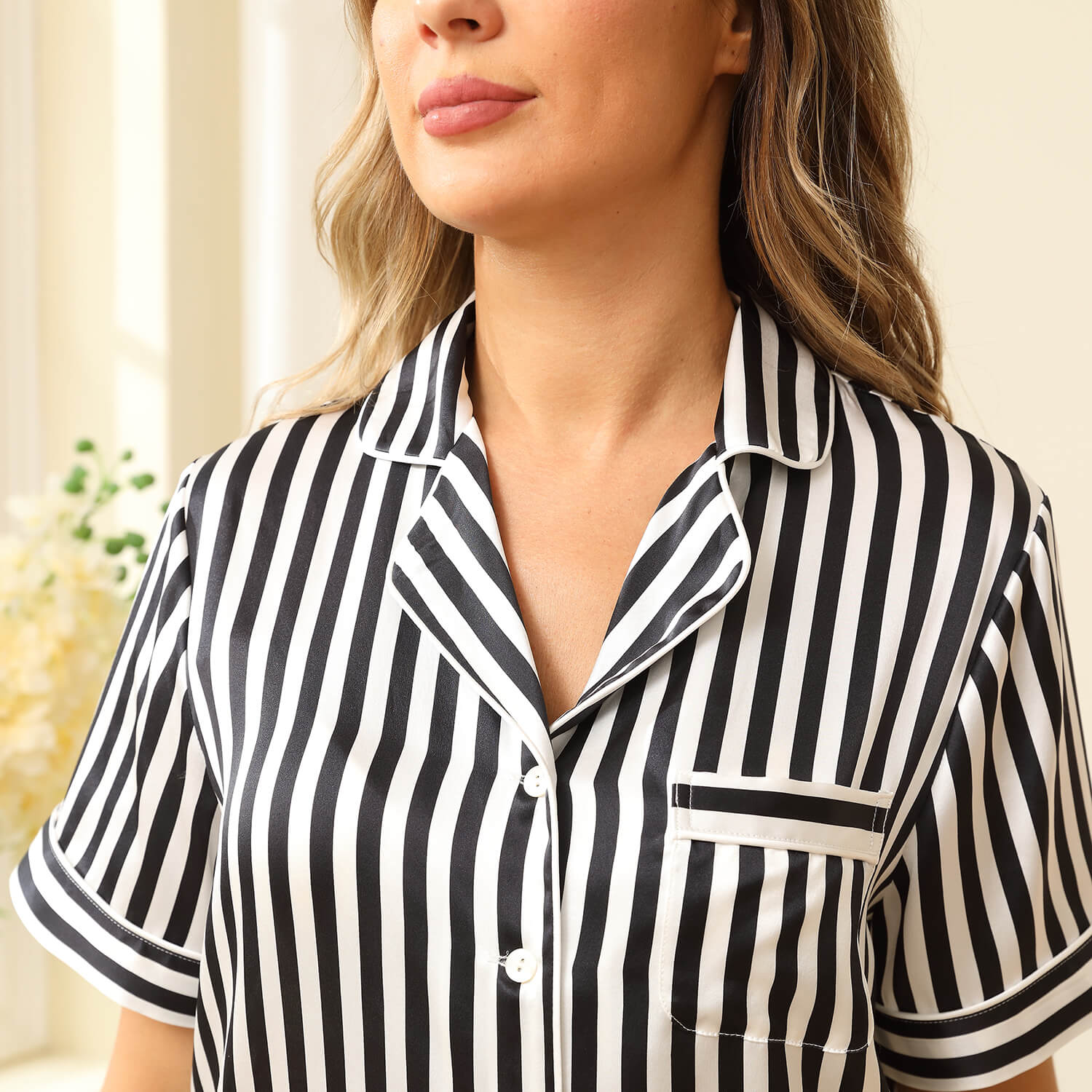 Womens Striped Silk Pyjamas Shorts Set Washable Silk Pajamas Black XS