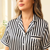 Womens Striped Silk Pyjamas Shorts Set Washable Silk Pajamas Black XS