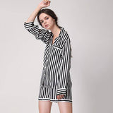 Women Striped Silk Pajamas Long Sleeves Short Pants Pajamas Black XS