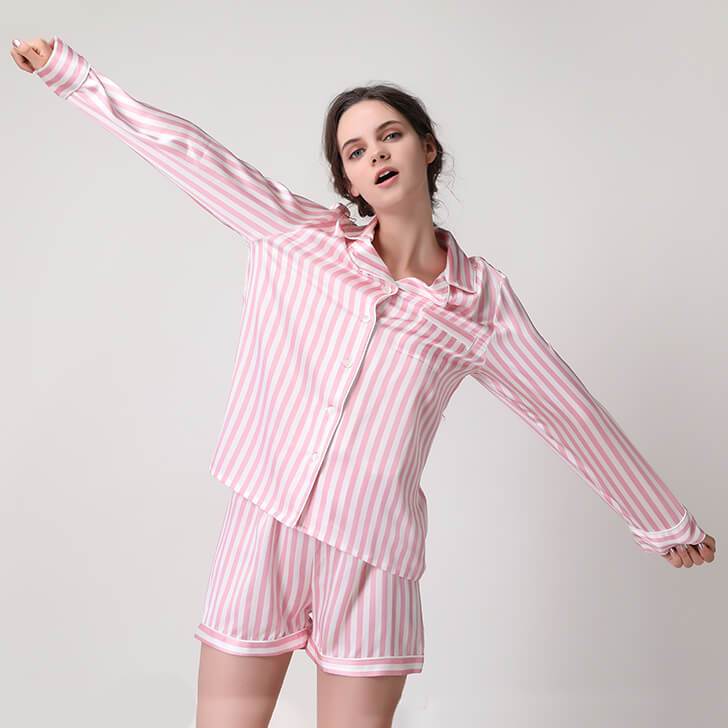 Women Striped Silk Pajamas Long Sleeves Short Pants Pajamas Pink XS