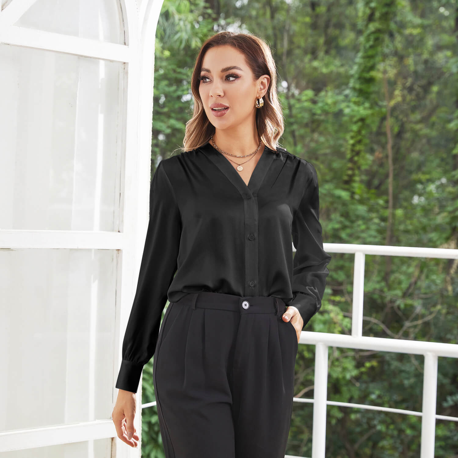Women V Neck Silk Blouse Long Sleeves Office Work Silk Shirts Black XS