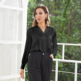 Women V Neck Silk Blouse Long Sleeves Office Work Silk Shirts Black XS