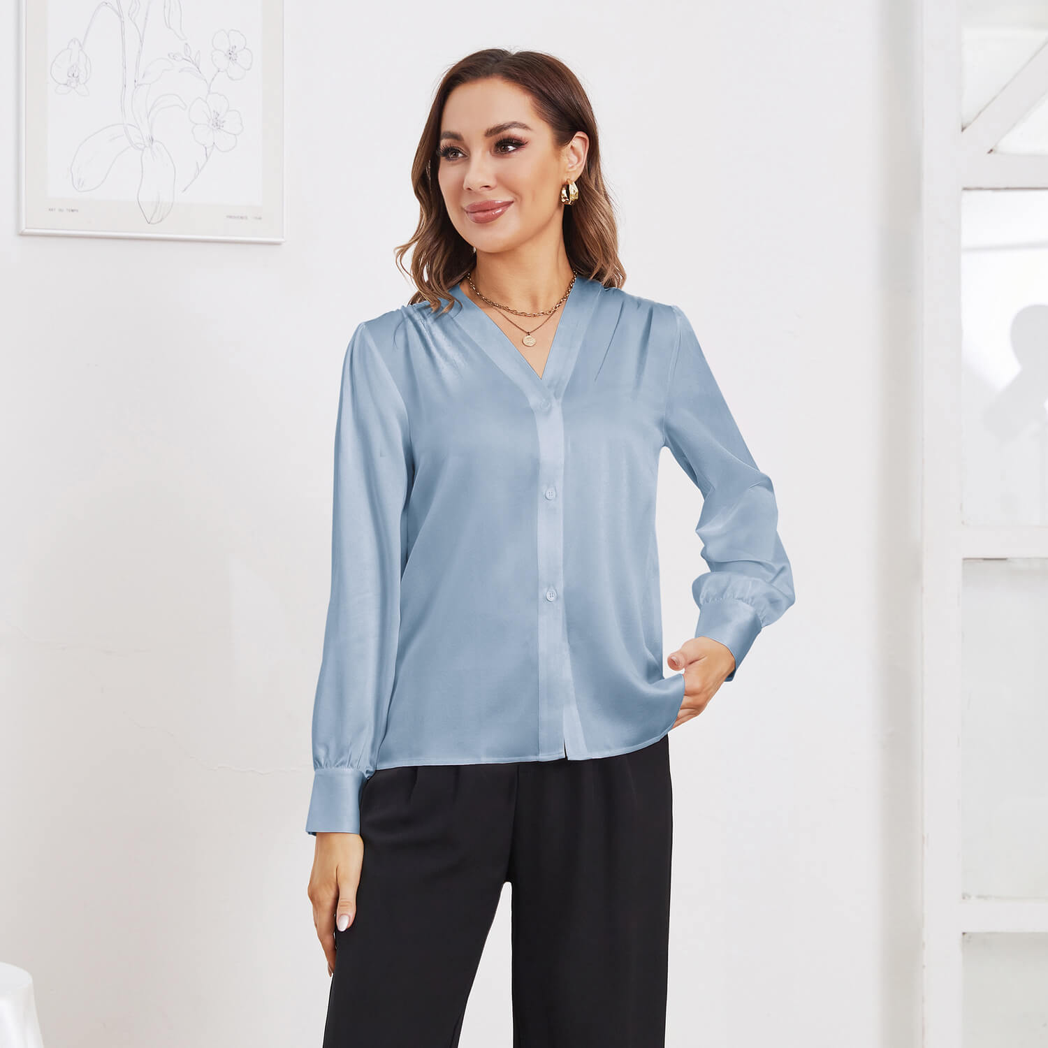 Women V Neck Silk Blouse Long Sleeves Office Work Silk Shirts Haze Blue XS