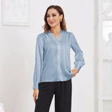 Women V Neck Silk Blouse Long Sleeves Office Work Silk Shirts Haze Blue XS