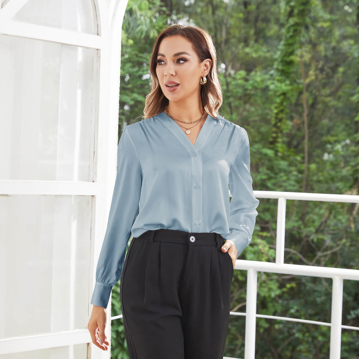 Women V Neck Silk Blouse Long Sleeves Office Work Silk Shirts Haze Blue XS