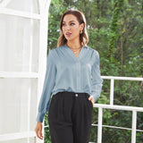 Women V Neck Silk Blouse Long Sleeves Office Work Silk Shirts Haze Blue XS